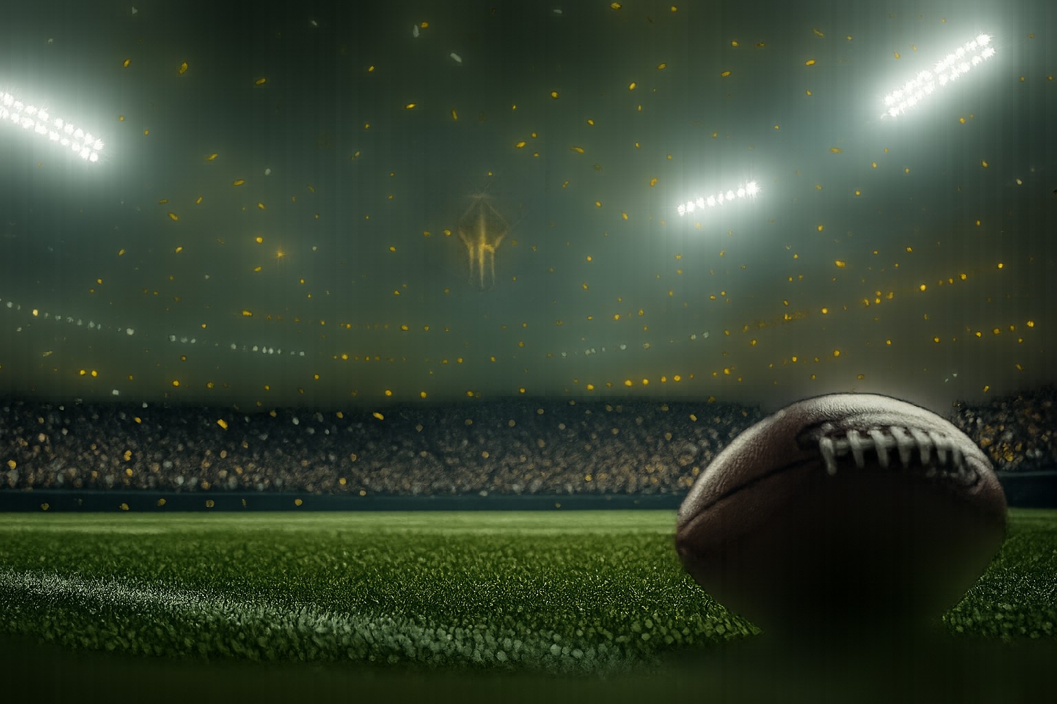 Super Bowl live betting UI on a smartphone with stadium lights and a blurred football field behind