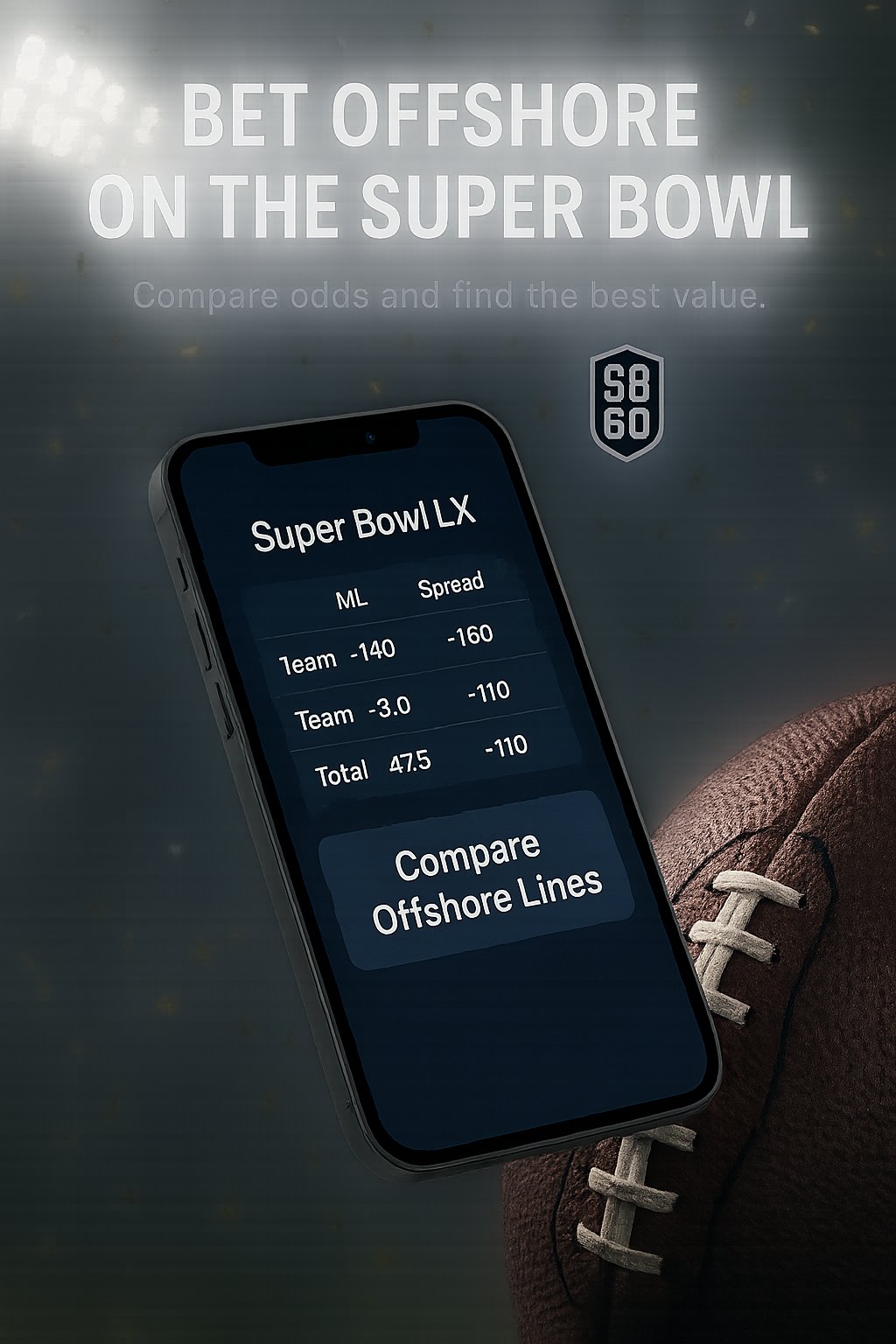 Smartphone showing a generic offshore sportsbook bet slip with Super Bowl LX-style graphics, stadium lights in background